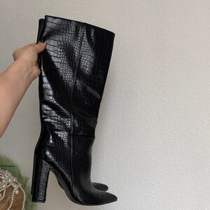 Black Croc-Embossed Knee-High Boots